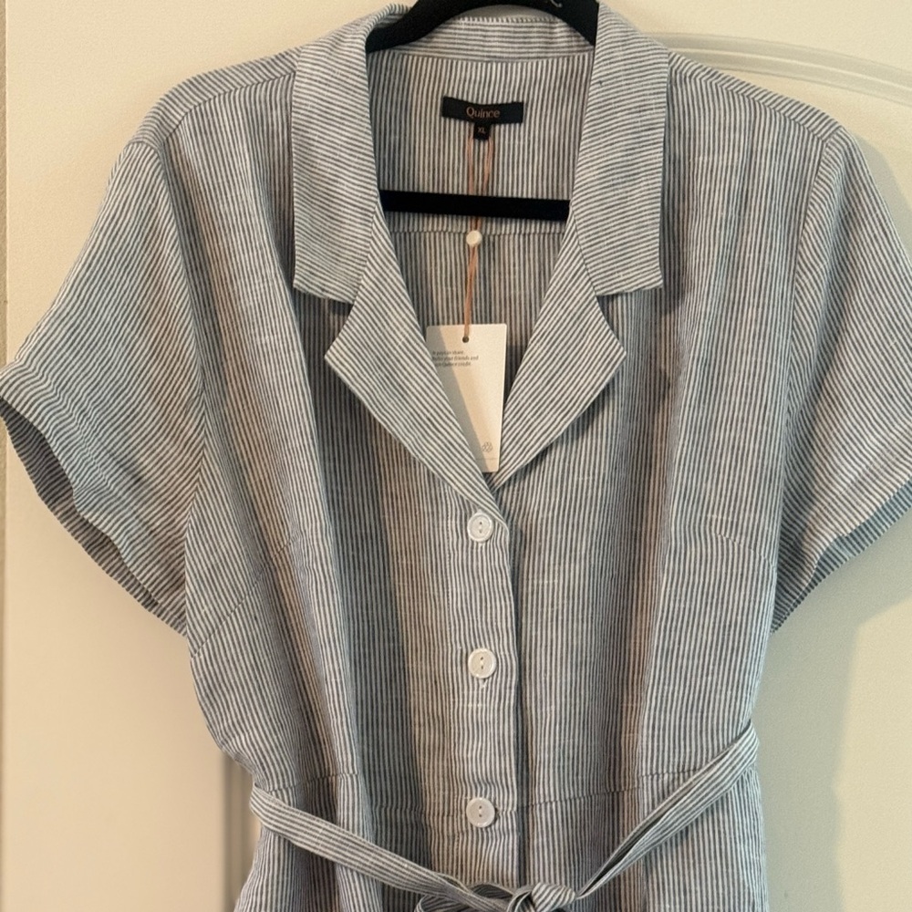 NWOT Quince Blue and White Striped Midi Dress
